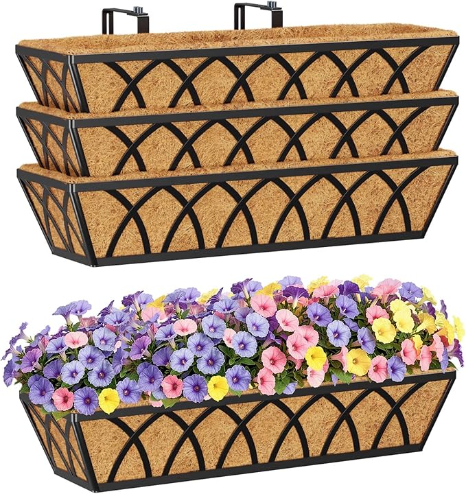 HFHOME 24 inch Window Deck Rail Planter with Coco Liner, 24" Dia Window Box Trough with Coconut Coir Liners, Black Metal Hanging Flower Planter Basket for Indoor Outdoor Lawn - Set of 4