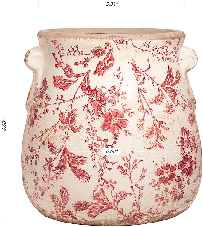 Antique Ceramic Planter & Vase for Home Decor, 6.68 Inch Rustic Farmhouse Flower Pot with Drainage Hole for Indoor Plants, Vintage Decoration for Bookshelf & Tabletop, Unique Gifts for Women (Red)