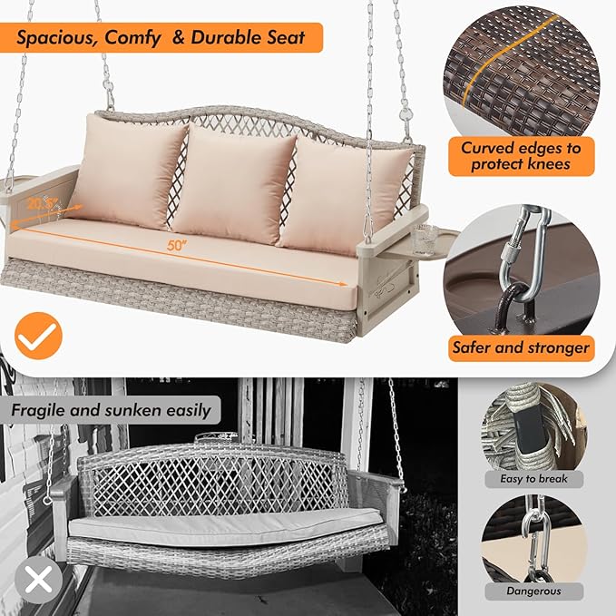 Upgraded Wicker Hanging Porch Swing Heavy Duty 900 LBS 3-Seat Outdoor Patio Swing Chair Bench for Adult w/ 8.9ft Hanging Chains Cushions and Cup Holder