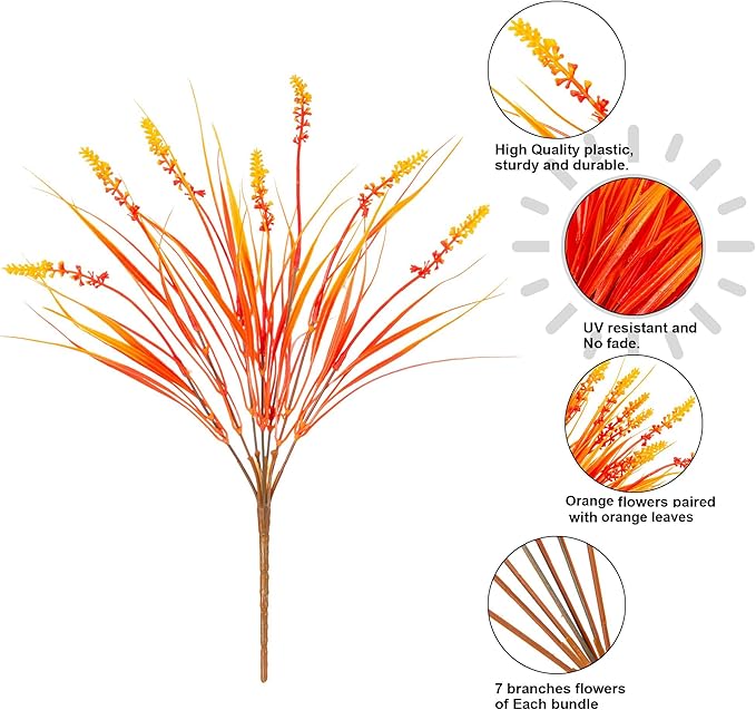 Artificial Fall Fake Outdoor Plants Flowers for Autumn Decoration,10 Bundles Faux Plastic Tall Monkey Grass Greenery UV Resistant Realistic for Home Outside Planter Window Porch Patio Garden (Orange)