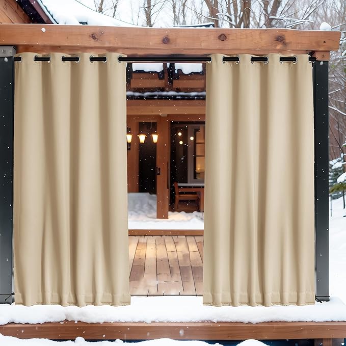 NICETOWN 2 Panels Outdoor Curtains for Patio Waterproof & Windproof, Thermal Insulated Top & Bottom Grommet & Back Tab Light Block Outdoor Drapes with Bouns Rope for Fixed, Biscotti Beige, W52 by L95