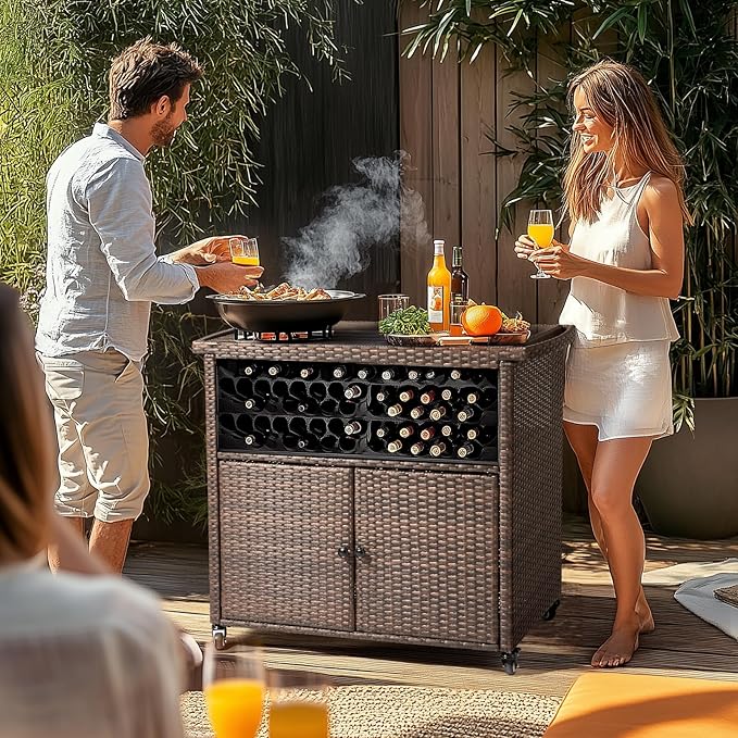 VINGLI Wicker Outdoor Bar Cart with Storage & Rolling Wheels, Patio Bar Table w/Shelf, Outdoor Storage Cabinet Buffet Cabinet Grill Cart for BBQ Pool Patio Kitchen, Brown