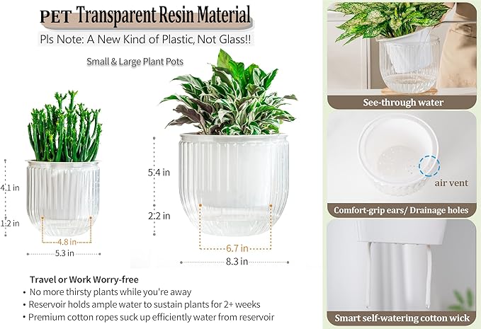 Melphoe Self Watering Pots for Indoor Plants Planter, 8.3/5.3 Inch 2 Pack Planters Self Watering Plant Pots for Flower, Houseplants, Succulent, African Violets and Cactus with Drainage
