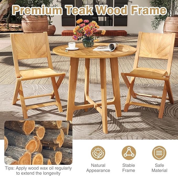 Tangkula 31.5" Round Patio Dining Table, Teak Wood Outdoor Dining Table with Slatted Tabletop, X-Shaped Frame & 4 Sturdy Supporting Legs, Indoor or Outside Table for Deck, Garden, Poolside & Backyard