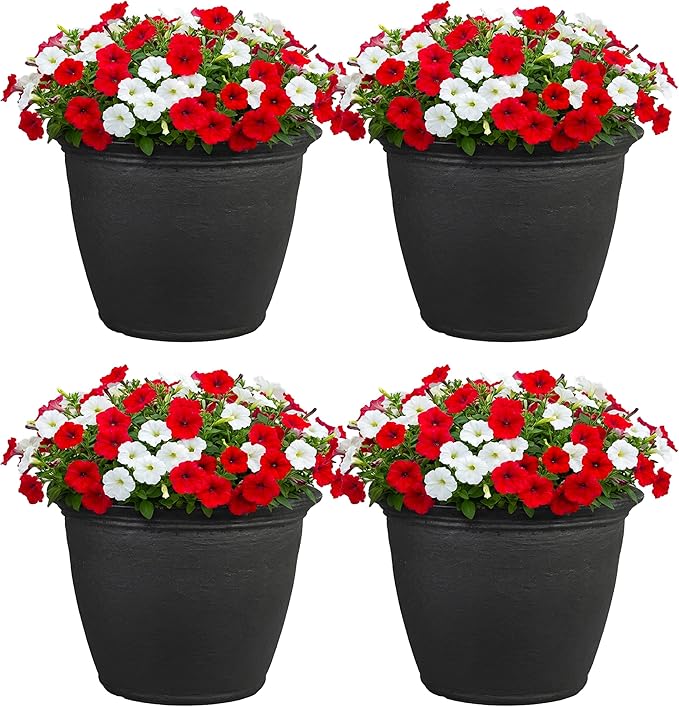 Sunnydaze 20-Inch Anjelica Large Plastic Pot for Plants - Outdoor Double-Walled Large Plastic Planter with Drillable Drainage Holes - Matte Black - 4pk