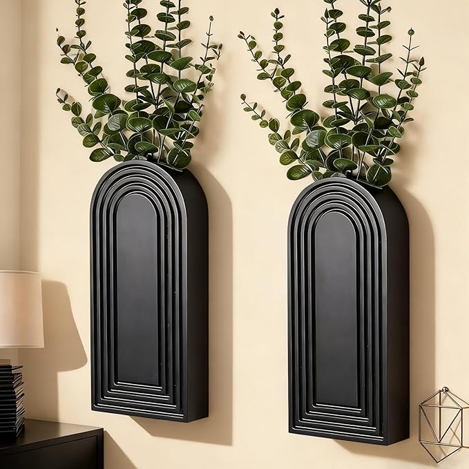 2 Pack Wooden Wall Vase Set, Boho Hanging Planter for Indoor Plants & Flowers, Wood Wall-Mounted Planters for Living Room, Modern Farmhouse Entryway or Bathroom, Rustic Art for Home (Black)