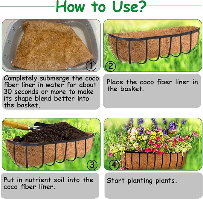 4 Pack Coco Liners for Window Planter Box - 24in 100% Natural Coconut Coir Fiber Liner Replacement for Deck Flower Box, Garden Railing Fence Trough, Wall Planter Basket, Vegetables Pot