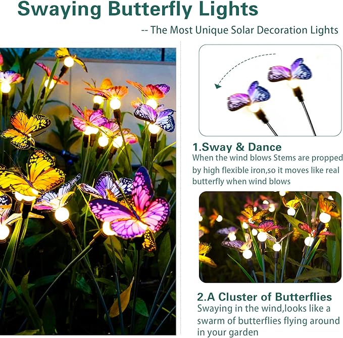 TONULAX Solar Garden Lights - Swaying Butterfly Light, Swaying in The Wind, Solar Outdoor Lights, Yard Patio Pathway Decoration, High Flexibility Iron Wire & Realistic Butterflies(8 Pack)