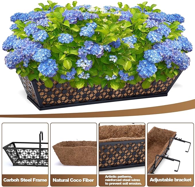 24 Inch Window Box Planters Outdoor,Deck Railing Planter Boxes with Coco Liner,Metal Hanging Window Flower Boxes for Balcony Fence Porch Garden Railing