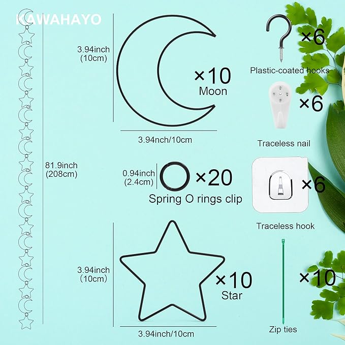 20 Pcs Chain Trellis for Climbing Plants, Plant Trellis Indoor and Outdoor, Garden Wall Trellis, Vine Support Plant Accessories for Monstera, Pothos, Ivy, Climbing Plants (Black Moon and Star)
