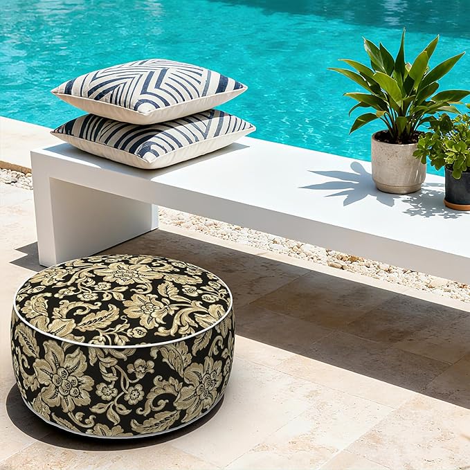 LVTXIII Indoor/Outdoor Inflatable Ottoman with Handle D21 x H9 Inch, Weather-Resistant Round Footstool Pouf for Patio Camping Living Room, Portable Footrest Extra Seating, Jacobean Black