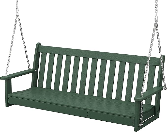 POLYWOOD Vineyard 5-Foot Porch Swing, Heavy Duty HDPE Outdoor Hanging Bench, Patio Swing for Adults Kids, Deck Garden Furniture, Green