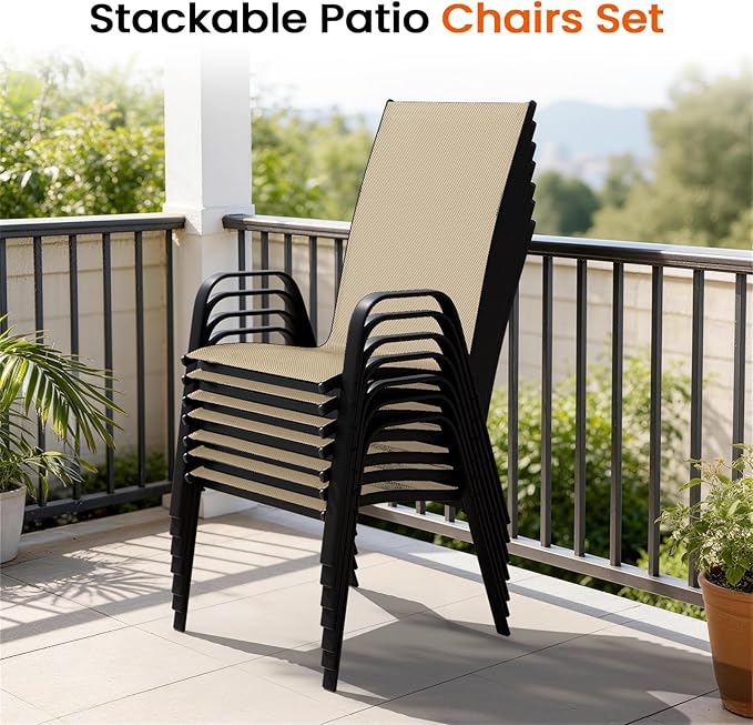 JEAREY Patio Dining Chairs Set of 6, Outdoor Stackable Dining Furniture Set, All Weather Dining Set for Lawn, Garden, Backyard, Poolside, Beige