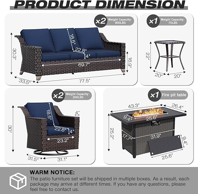 Joyside Wicker Patio Furniture Sets, 6 Pieces Upgraded Large Size Outdoor Furniture with Swivel Rocking Patio Chairs, Two 3-Seat Sofa, Fire Table, Coffee Table, Thick Cushions, Wide Armrest, Blue