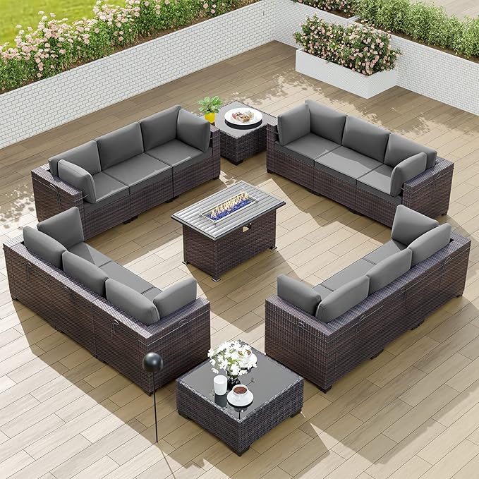 Kullavik 15PCS Outdoor Patio Furniture Set with 43" 55000BTU Gas Propane Fire Pit Table PE Wicker Rattan Sectional Sofa Patio Conversation Sets w/8 Coner Sofas,Grey