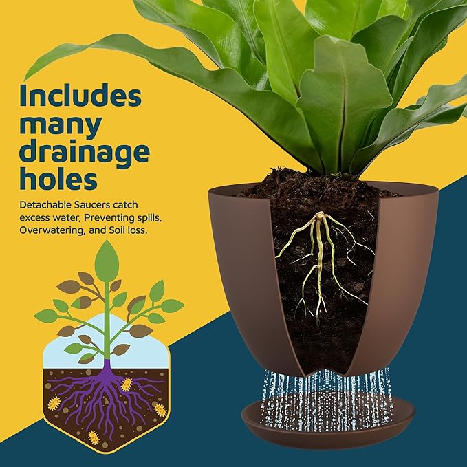 Planter Pots with Drainage Holes - Lightweight, Durable & Space-Saving Pots for Indoor and Outdoor - Versatile Functionality, Simple Modern Design, Set of 20 Plastic Planter Pots - Brown