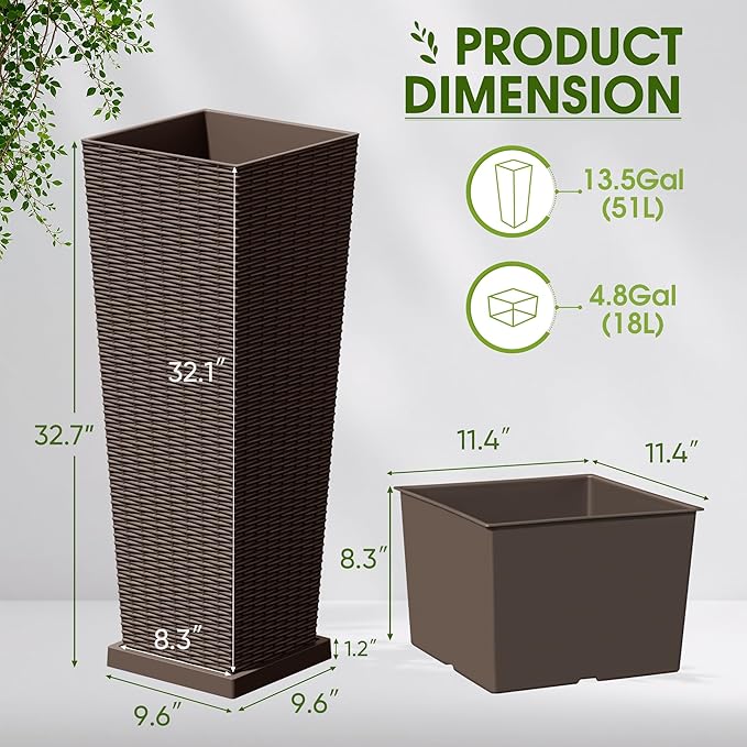 Devoko Resin Tall Planters with Tray for Outdoor Plants Set of 2, Large Taper Outdoor Planter Pots with 4 Drainage Holes, Flower Pots Modern Decor for Porch, Patio, Backyard, Garden(Brown, 32")