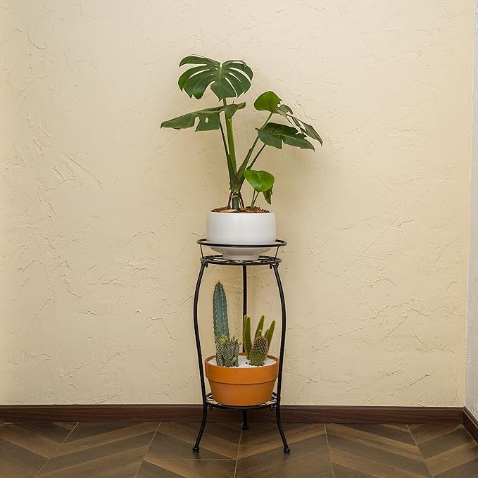 FaithLand Plant Stand, Metal Planter Holder Indoor Outdoor, 2 Tier Round Potted Supports Rack, Corner Display Shelf Black, Tall