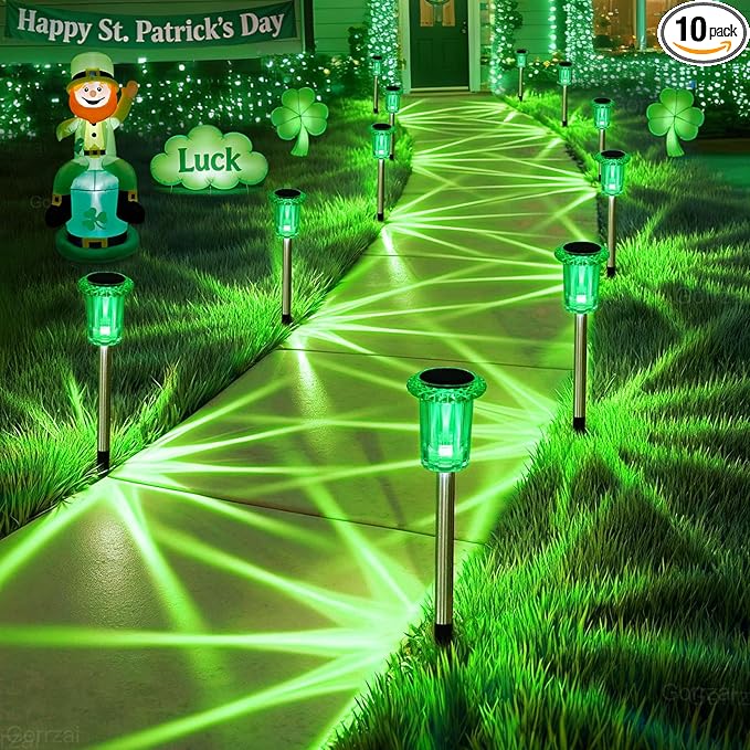 St Patricks Day Decorations Solar Lights Outdoor 10 Pack Solar Pathway Lights Green Halloween Decorations Waterproof Yard Lighting for Driveway Garden Walkway Path Landscape Lawn