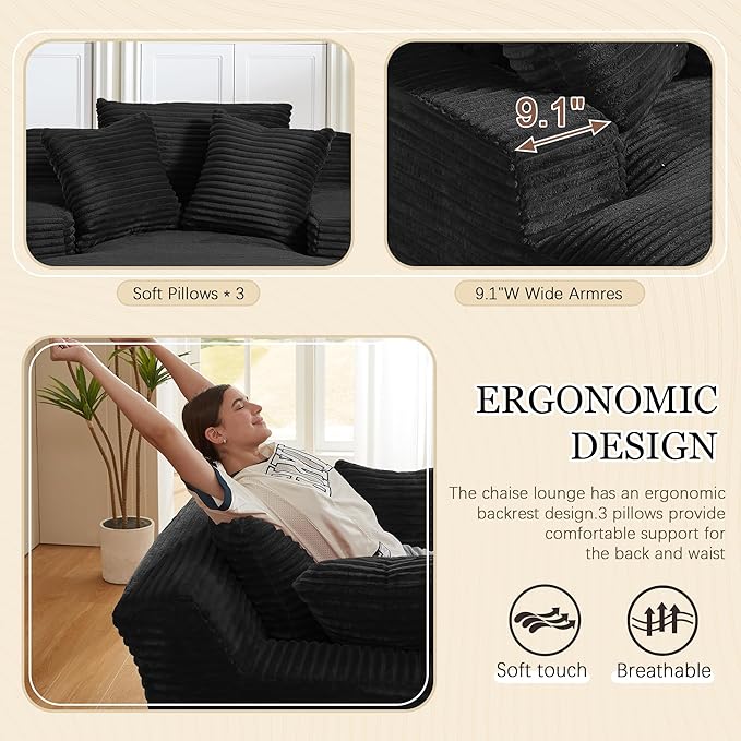 80 Inch Chaise Lounge Chair Indoor, Oversized Corduroy Upholstered Boneless Sofa Bed, Deep Seat Sleeper Couch Reading Chairs, Cloud Sofas Couches for Living Room, No Assembly Required (Black)