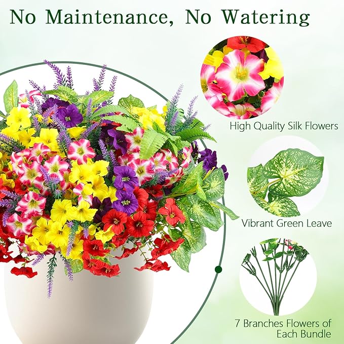 HOHOTIME 21 Bundles Artificial Flowers for Outdoors, No Fade Fake Plastic Flowers Faux Plants, Eucalyptus Morning Glory for Hanging Planters Garden Porch Window Box Home Wedding Farmhouse