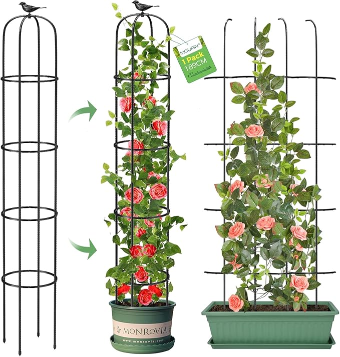 Tower Obelisk Garden Trellis for Climbing Plant，6.2FT/74.4" Rustproof Metal Potted Plant Climbing Support for Indoor Outdoor Flowers Vegetable Fruits Vines Support （1pcs）