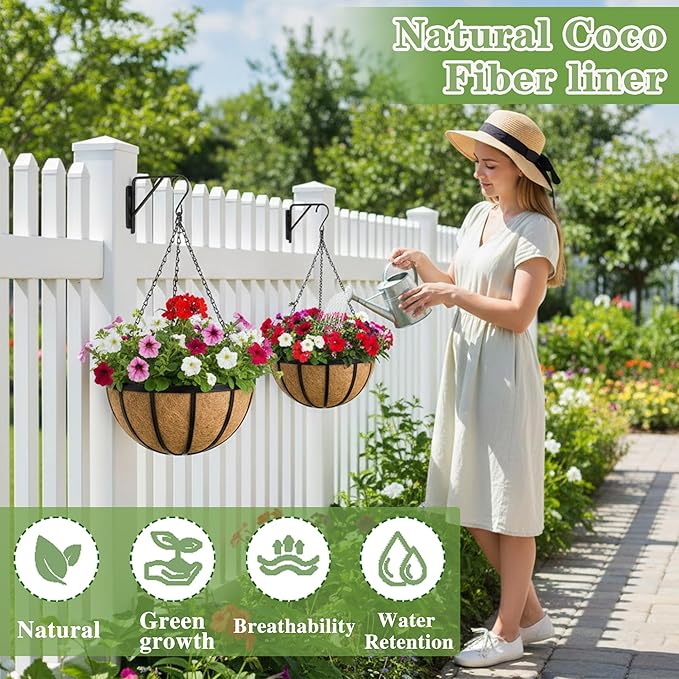 Black Flat Iron Metal Hanging Planter Basket with Coco Coir Liner(2 Pack, 16 Inch) Hanging Planters for Outdoor Plants Round Plant Flower Pots Hanging Flower Basket for Outdoor Patio Garden Decoration