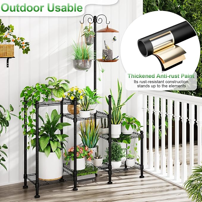 Plant Stand Indoor Outdoor, Heavy Duty Metal Waterproof 6 Tiered Plant Shelf for Multiple Flower Planter Holder Rack, Black - C6