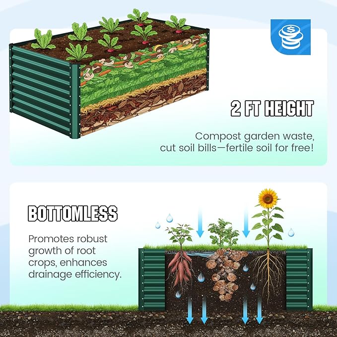 Quictent Galvanized Raised Garden Bed Metal Planter Box Bottomless for Backyard Outdoor, Include 1 pc Tomato Cage, Dark Green, 6x3x2 Ft