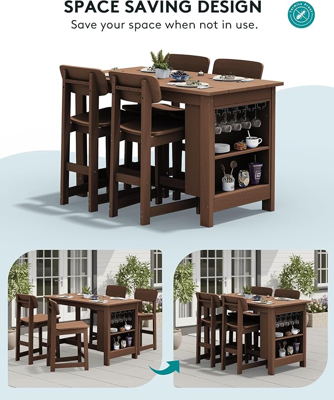 SERWALL 10-Piece HDPE Counter Height Dining Table Sets with Storage and Wine Rack, 2 Rectangular Bar Table with Bar Stools Set of 8 for Garden, Backyard, Kitchen, Brown