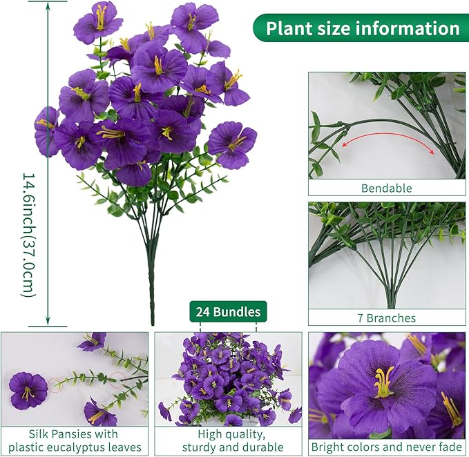 24 Bundles Artificial Pansy Flowers for Outdoor, Faux Silk Pansies Spring Flowers Outside for Planter Front Door Porch Patio Yard Window Box Home Decor (Purple)
