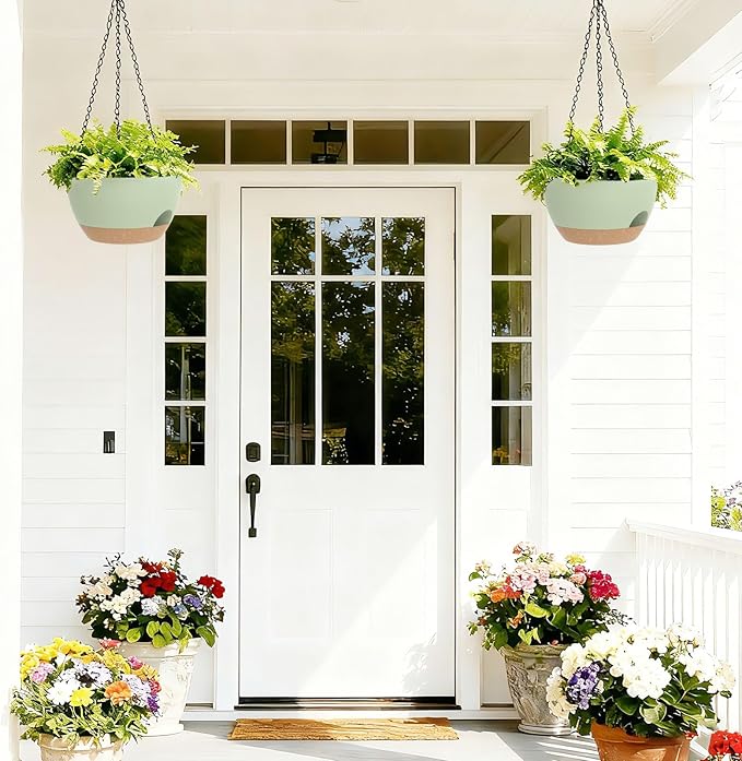 8 Inch Hanging Planters for Indoor Outdoor Plants, 4 Pack Green Brown Plastic Self Watering Hanging Baskets with Drainage Holes and Chain for Garden Porch