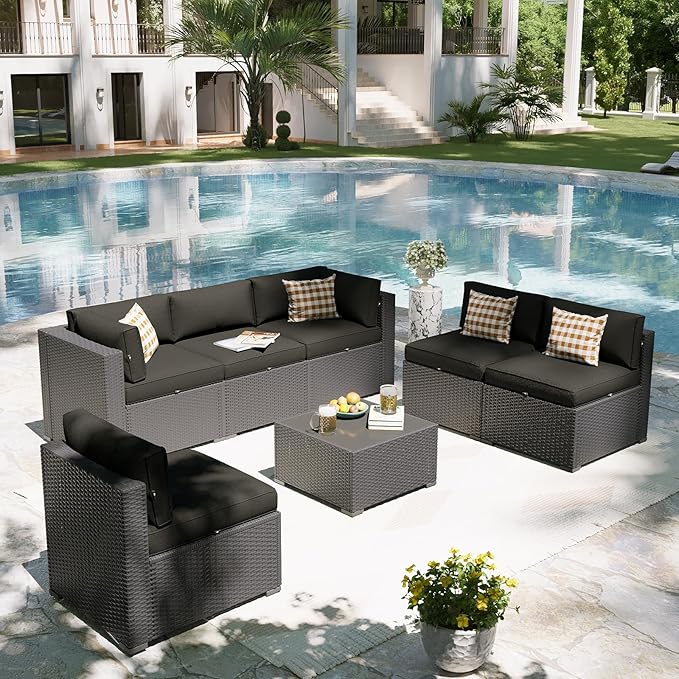 Aoxun Patio Furniture Set, 7 Piece Outdoor Sectional Sofas with Waterproof Cover, Wicker Rattan Outdoor Furniture Patio Conversation Set for Backyard, Garden Black