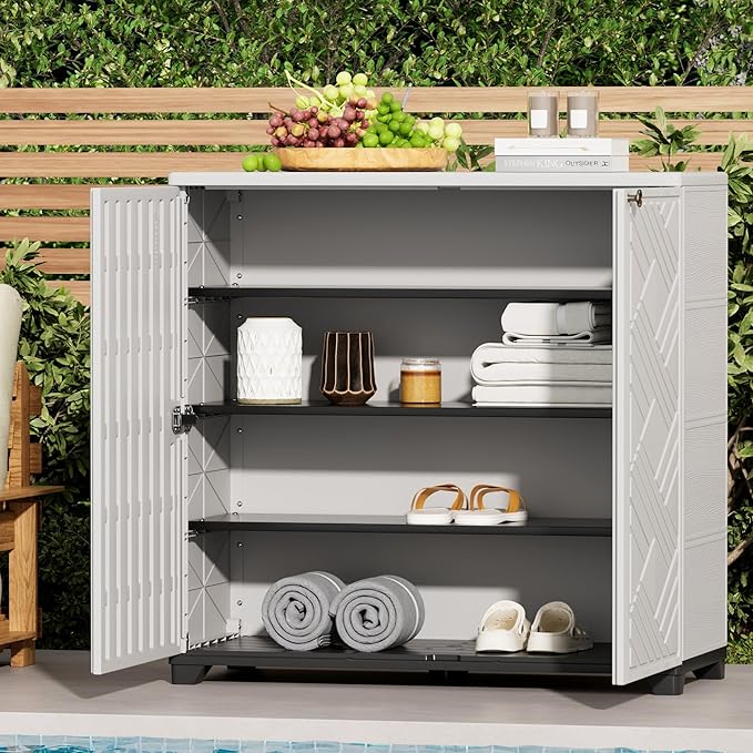 ADDOK Indoor Outdoor Plastic Storage Cabinet 34"x15"x34" with 1 Shelf, Outdoor Storage Shed for Living Room, Hallway, Balcony, Garage, Garden, Backyard-White