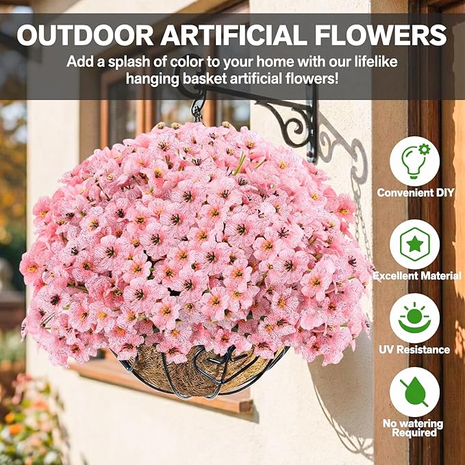 22 Pack Artificial Flowers Outdoor Fake Plants, Faux Flowers UV Resistant with Plastic Plants, Faux Silk Flowers for Outdoors Outside Front Porch Hanging Planter Window Box Garden Decoration(Pink)