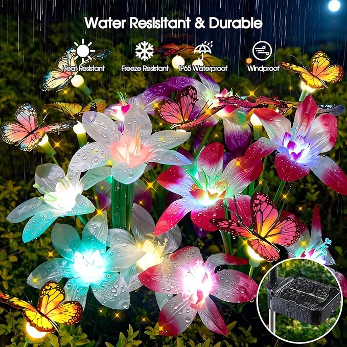 Garpar Solar Flowers Lights Outdoor Waterproof, Upgraded 8 Pack Solar Garden Lights with 32 Lily & 24 Butterflies, Bright Color Changing Outdoor Decor for Outside Yard Patio, Gift (8)