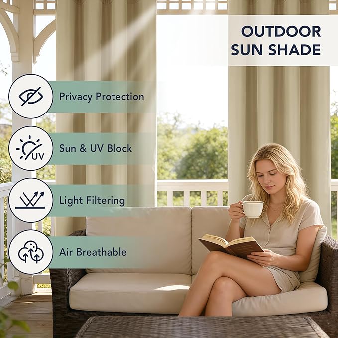 Outdoor Curtains for Patio Waterproof - 6 Panels Privacy Weatherproof Outside Curtains with Grommets for Pergola, Gazebo, Porch, Cabana, Balcony, 54 x 95 Inch, Cream