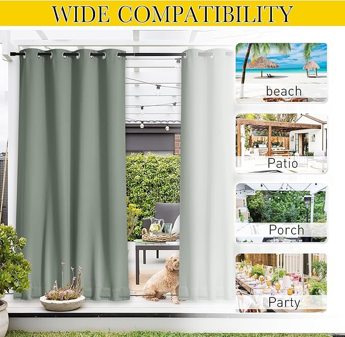 NICETOWN 2 Panels Outdoor Curtains for Patio Waterproof & Windproof, Thermal Insulated Top & Bottom Grommet & Back Tab Sun Blocking Outdoor Drapes with Fixed Rope for Gazebo, Sage Green, W66 x L90