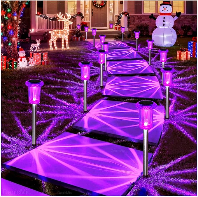 DenicMic Solar Lights Outdoor 10 Pack Waterproof Purple LED Stainless Steel Stake Outside Lights for Yard Pathway Garden Driveway Walkway Landscape Path Lighting Halloween Decorations Outdoor