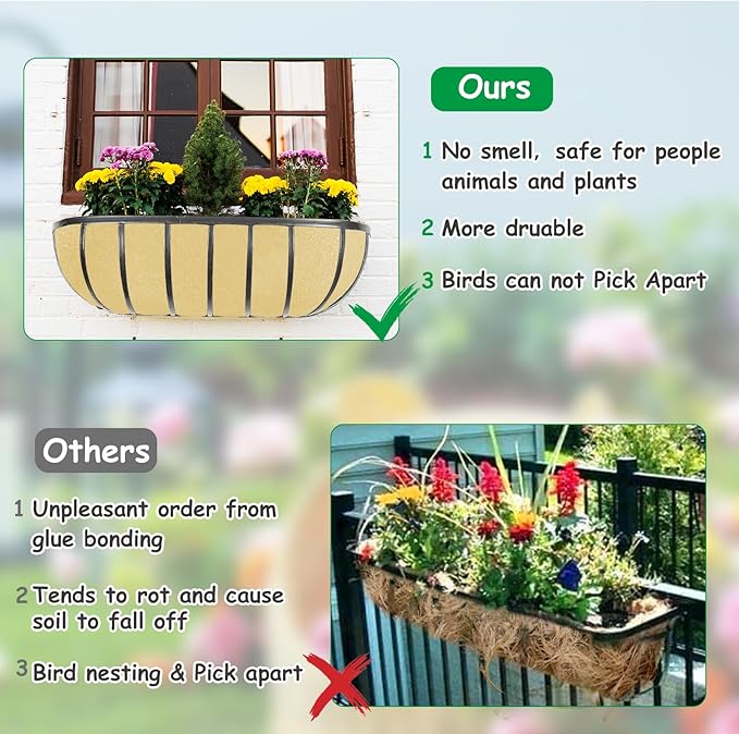 3PCS 30 Inch Planter Basket Liners Fabric Window Box Liners Felt Trough Planter Liner Replacement Beige Flower Basket Liner Non-Woven Hanging Plant Liner for Planters Garden Fence - Avoid Bird Nesting