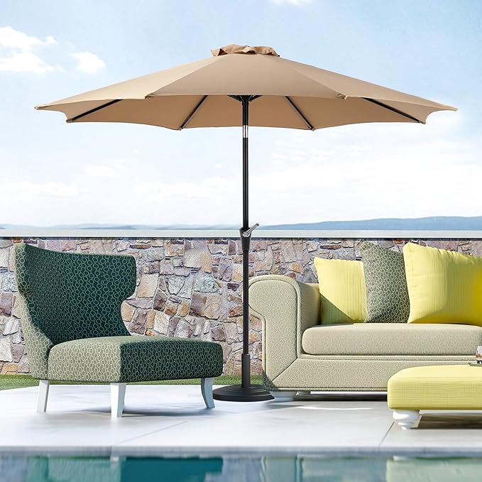 OLIXIS 9ft Patio Umbrella with Tilt and Crank Button & 8 Sturdy Ribs Waterproof, Patio Table Umbrella Perfect for Poolside, Terrace, Beach and Outdoor Restaurant, Khaki
