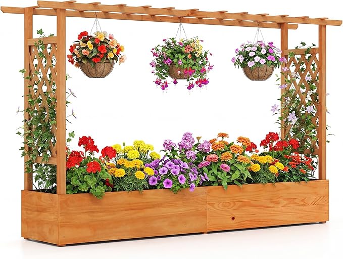 Giantex Raised Garden Bed with Trellis & Hanging Roof, Wood Planter Box with Bottom and Drainage Holes, Freestanding Garden Planter for Flower Vegetable Fruit Herb Climbing Vines (79" x 17.5" x 45")
