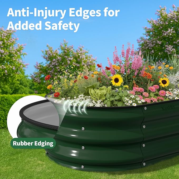 Kesfitt Raised Garden Bed, 4x2x1 FT Galvanized Steel Metal Raised Garden Bed, Oval Open-Bottom Design, 12-Inch Deep for Outdoor Vegetable & Herb Gardening, Forest Green