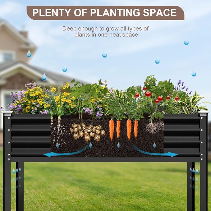 Raised Garden Bed with Legs, 48×24×32in Galvanized Raised Garden Beds Outdoor Elevated Metal Planter Box for Gardening Vegetables Flowers Herb （Black）