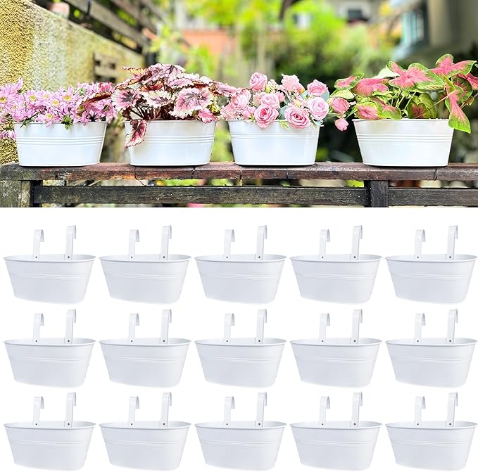 LaLaGreen Planter Boxes Outdoor (15 Pack, 11.8 Inch) White Metal Iron Hanging Flower Pots Deck Railings Rails Fence Buckets Countryside Boho Style Wall Mount Window Box Plant Holder Hooks Porch Decor