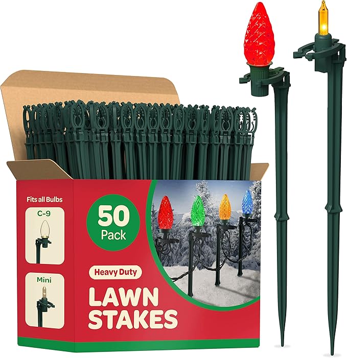 Christmas Light Yard Stakes [Set of 50] Outdoor Light Stakes - 8.5" Tall - Universal Christmas Pathway Lights On Yards, Driveways - Christmas Yard Stakes - USA Made