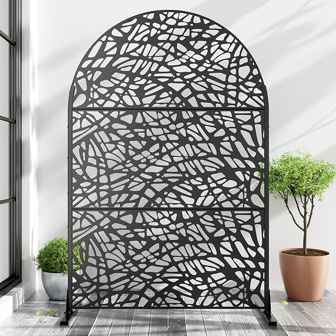 Casaphoria 72" H x 47" W Arched Metal Privacy Screen - Elegant Freestanding Outdoor Screen for Deck, Patio & Balcony - Versatile Decorative Privacy Panels for Home & Garden Use (Black-Net)