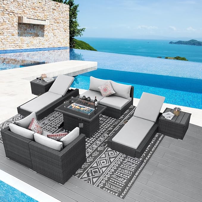 NICESOUL 9 Piece Patio Set with Fire Pit Table Natural Gas/Propane, 29.3'' High Backrest XL Large Outdoor Furniture with Firepit & Chaise Lounge, Wide & Deep Seating Wicker Sectional, Light Grey