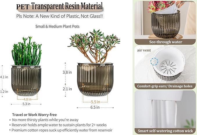 Melphoe Self Watering Pots for Indoor Plants Planter, 6.5/5.3 Inch 2 Pack Planters Self Watering Plant Pots for Flower, Houseplants, Succulent, African Violets and Cactus with Drainage