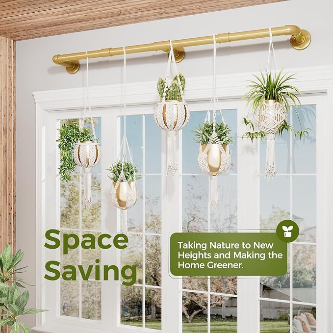 Bamworld Plant Hanger Indoor Hanging Planters for Indoor Plants Hanging Plant Holder Window Plant Rod Gold Metal Shelves 63 Inch